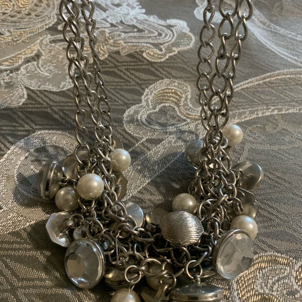 Statement Silver-Tone Necklace with Pearl and Crystal Accents - Picture 2 of 3